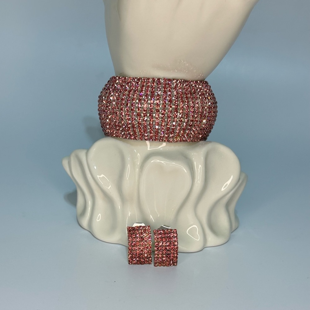 Pronged Pink Rhinestone Bracelet and Earring Set